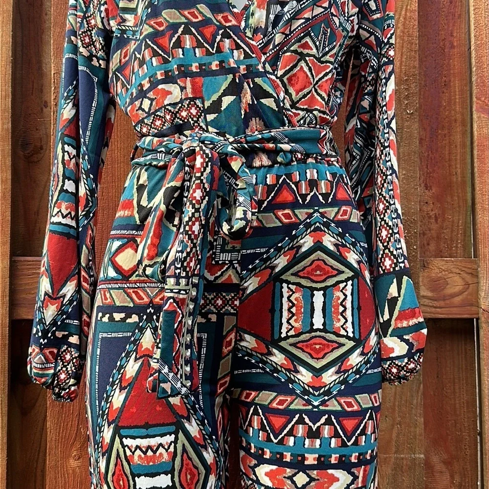Impulsive Women’s Print Long Sleeve Deep-V Wide Leg Jumpsuit Size M - Picture 8 of 12